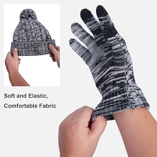 Women's Warm Beanie Hat 3 in 1 Warm Long Scarf and Touchscreen Glove Set Winter Thick Chunky Knitted Pom Cap