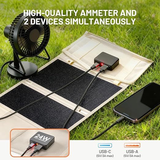 Litheli 24W Portable Solar Panel Charger, Foldout Mini Solar Panel for Camping, Hiking & Window Use, IP54 Waterproof, Dual USB-C/USB-A 5V/3A, Foldable Solar Charger for Phone, Camera & Power Bank