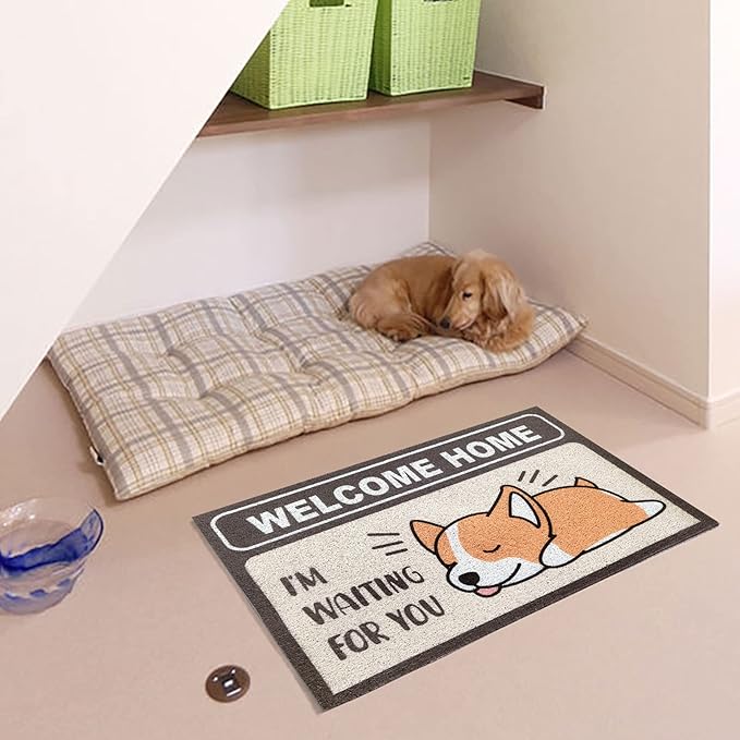 W&M Welcome Home Door Mat Waterproof Entrance Entry Pet Lover Doormat for Indoor Outdoor Washable Front Porch Rug Non Slip Rubber Back Low Profile Easy Clean-Cute Dog Design