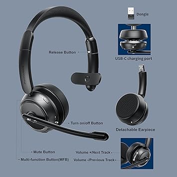 Pointcinco Bluetooth Headset with Noise Canceling Microphone, Convertible Stereo to Mono Headset, Premium Wireless Headset with USB dongle for Game Office Call Center Skype Zoom Meeting Trucker