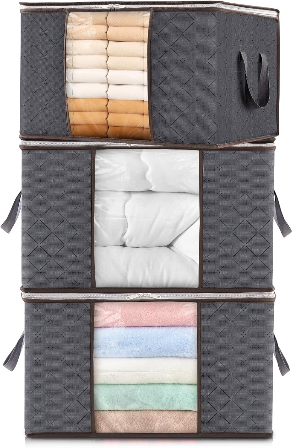 Clothes Storage Bag, Fabric Closet Organizers, Foldable Moving Bags with Reinforced Handle, Sturdy Zipper, Clear Window, for Clothing, Blankets, Grey, 3 Pack