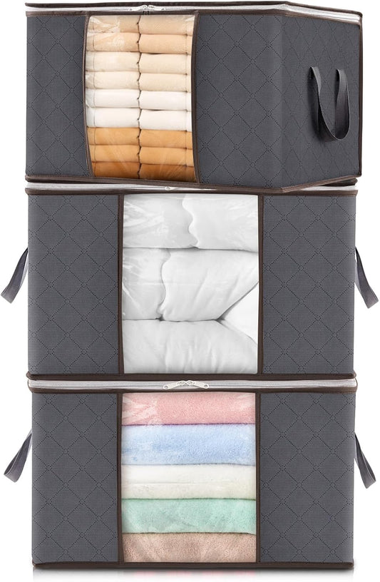 3 Pack 60L, Clothes Storage Bag, Fabric Closet Organizers, Foldable Moving Bags with Reinforced Handle, Sturdy Zipper, Clear Window, for Clothing, Blankets, Grey, 3 Pack