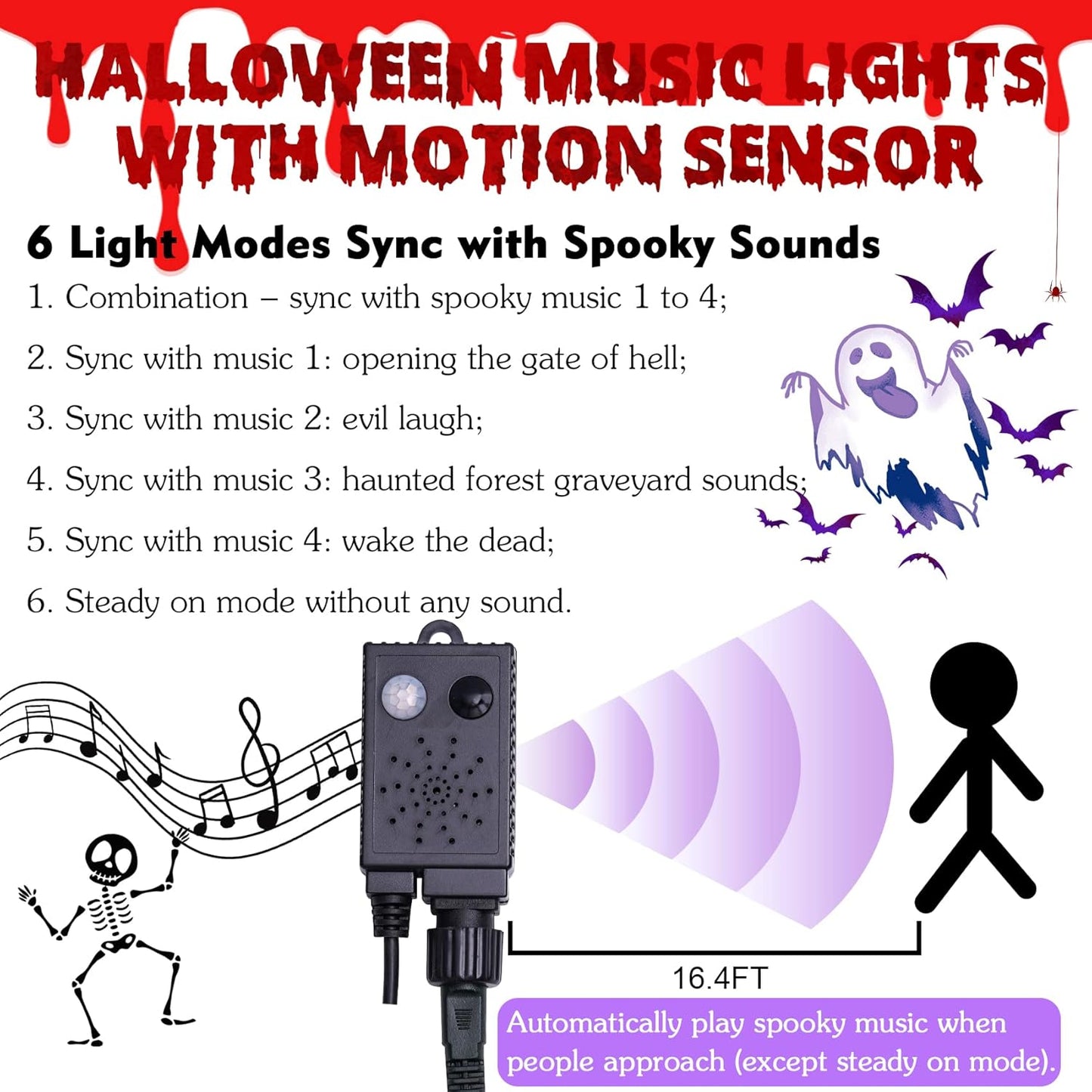 Halloween String Lights Outdoor with Music Sync Spooky Sounds 300 LED 114.8ft Indoor Fairy String Lights Waterproof Memory Function for Halloween Party Haunted House Decorations (Purple & Orange)