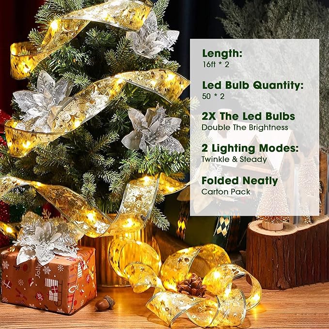 Christmas Tree Ribbon Lights Gold 32ft (2X16ft) 100 LED Lights Battery Powered Double Layer Copper Wire Ribbon Bows Fairy Strings Lights for Weddings New Year Christmas Tree Decorations