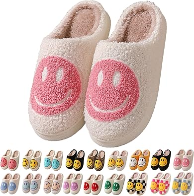 Smile Face Slippers for Women Men Happy Face Slippers Retro Soft Plush Warm Slip-On Slippers Cozy Indoor Outdoor Slippers