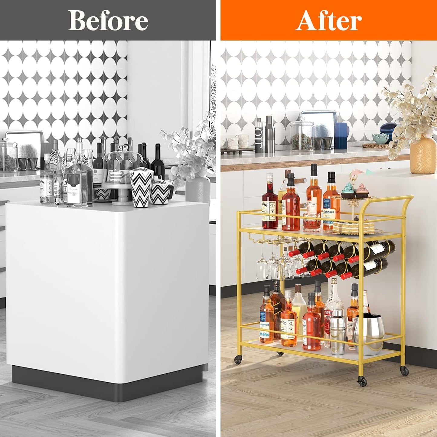 Lifewit Bar Cart Gold, Bar Carts for The Home with 2-Tier Shelf, Home Bar Serving Cart with 9 Wine Bottle Racks, Drink Cart for Kitchen, Dining, Living Room, Gold