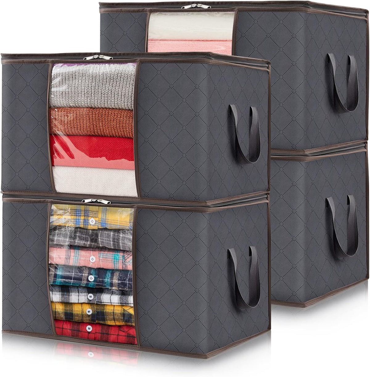 4 Pack Clothes Storage Bag, Foldable Storage Bins for Clothes, Blankets, Fabric Wardrobe Closet Organizers with Reinforced Handle, Sturdy Zipper, Moving Bags With Clear Window, Grey