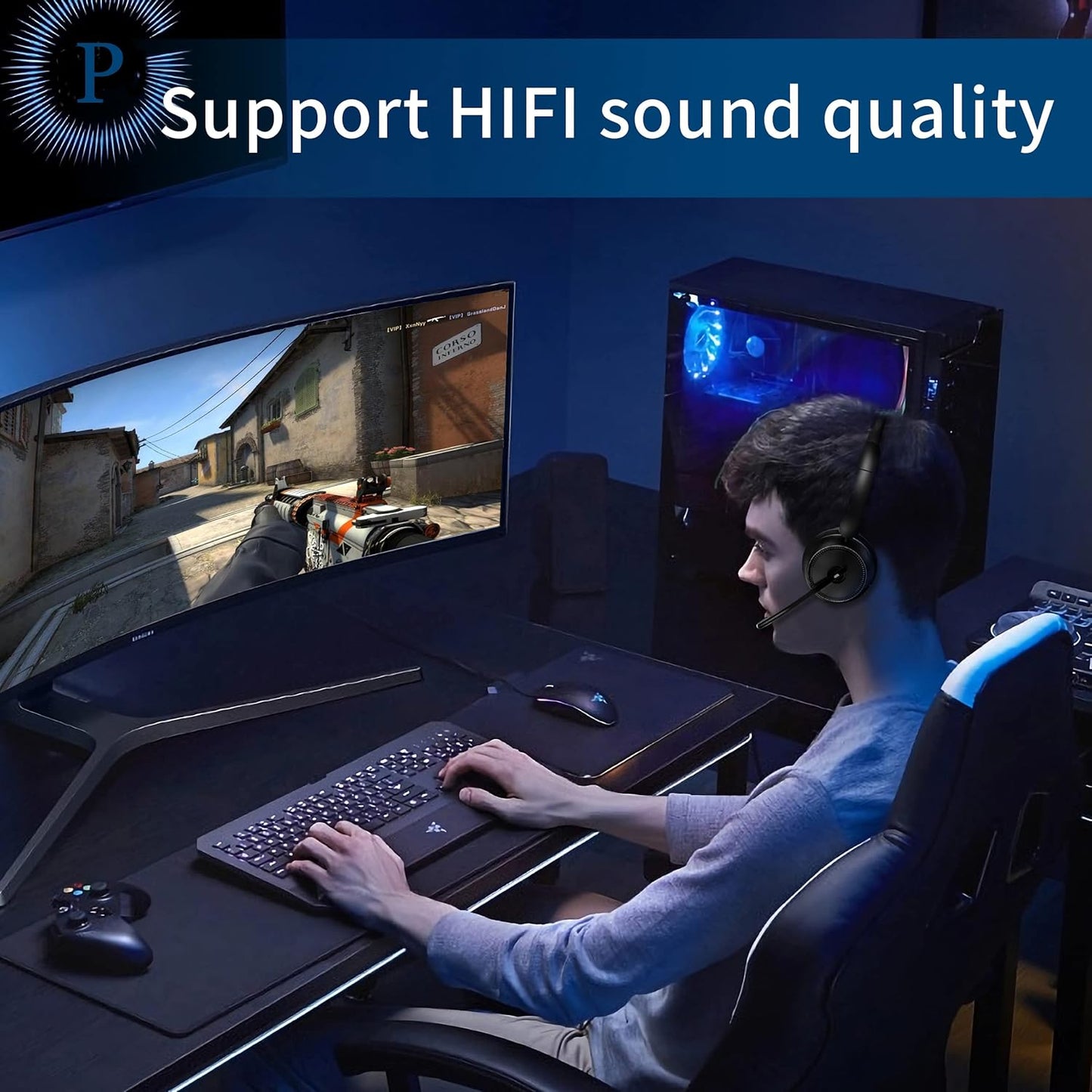 Pointcinco Bluetooth Headset with Noise Canceling Microphone, Convertible Stereo to Mono Headset, Premium Wireless Headset with USB dongle for Game Office Call Center Skype Zoom Meeting Trucker