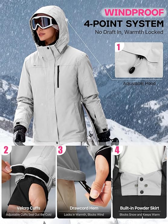 FREE SOLDIER Women's Waterproof Ski Snow Jacket Fleece Lined Warm Winter Rain Jacket with Hood