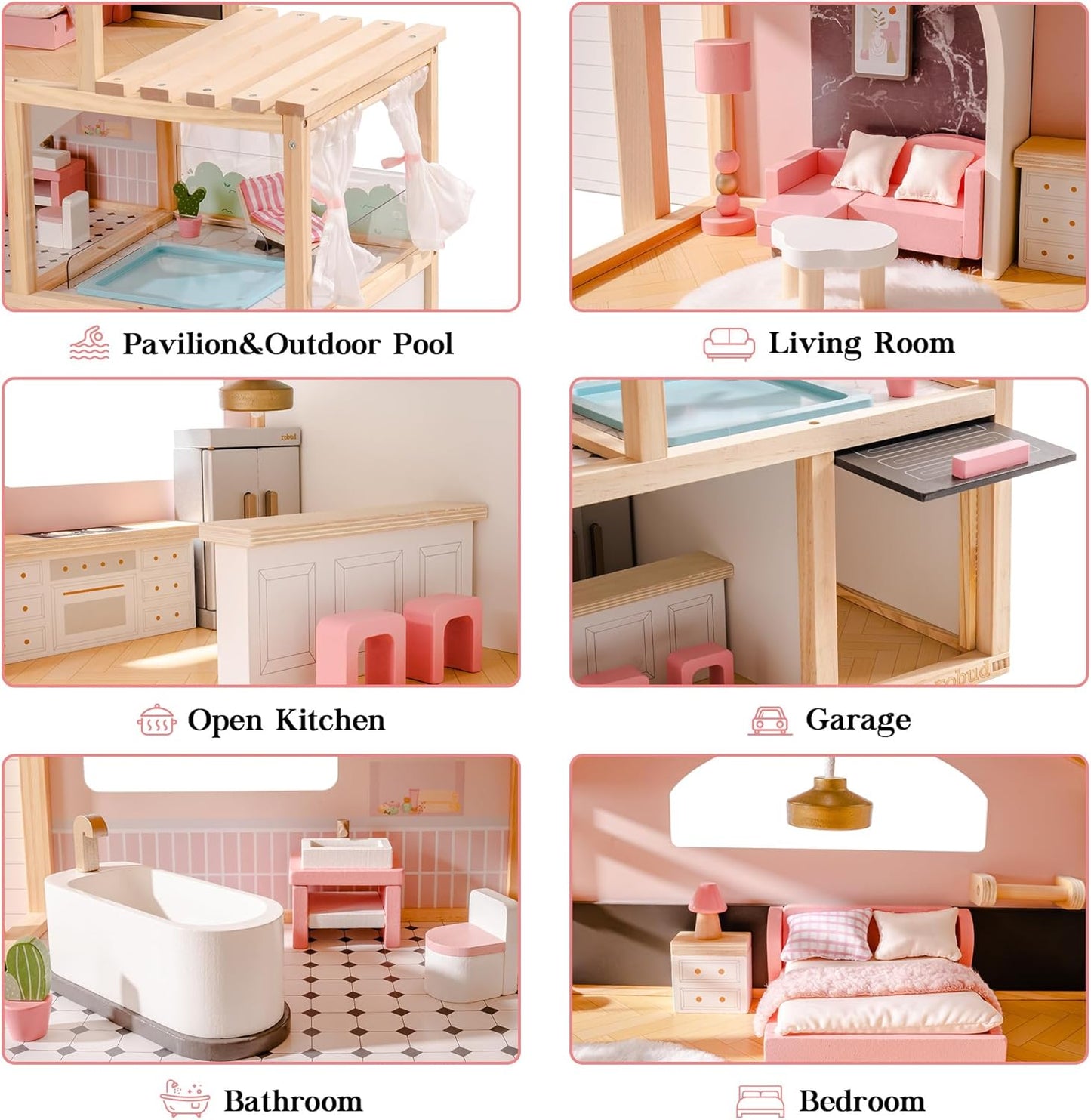 ROBUD Wooden Dollhouse, 6 Rooms Wooden Doll House with 29Pcs Furniture Set, Working Elevator, Garage, Swimming Pool, Ideal Gift for Kids Ages 3+ (Black)