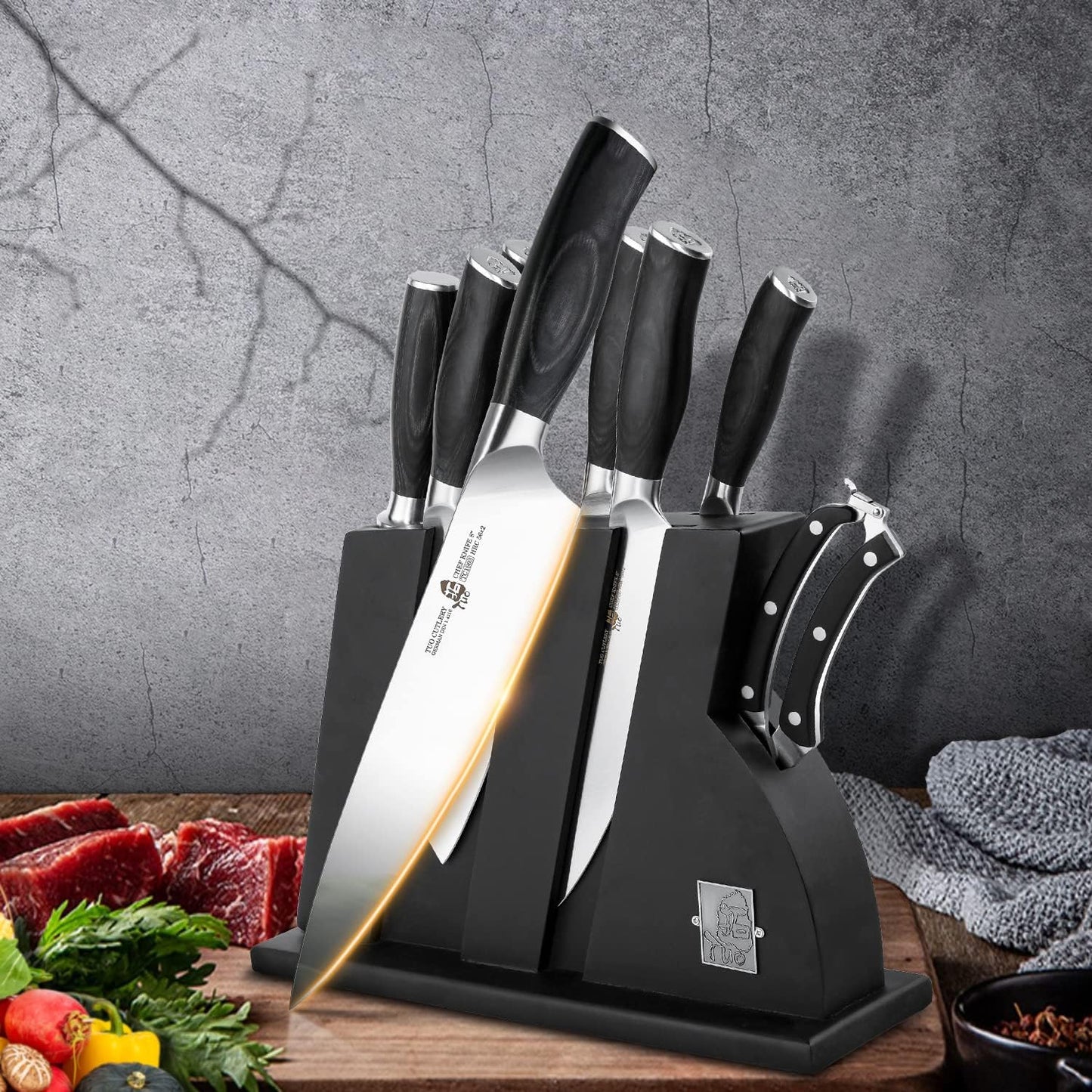 TUO 8 pcs Chef Knife Set,Knives Set for Kitchen,Professional Kitchen Knife Set,Knife Set with Sharpener, German Stainless Steel Pakkawood Handle Gift Box Cutlery, Fiery Phoenix Series - Black