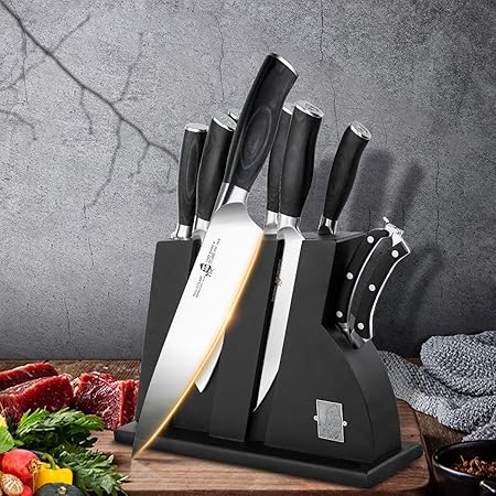 TUO 8 pcs Chef Knife Set,Knives Set for Kitchen,Professional Kitchen Knife Set,Knife Set with Sharpener, German Stainless Steel Pakkawood Handle Gift Box Cutlery, Fiery Phoenix Series - Black