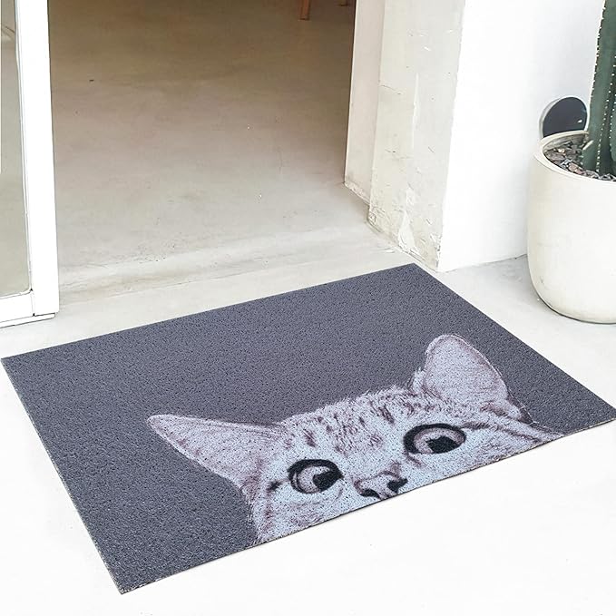 W&M Welcome Door Mat Cute Kitty Waterproof Entrance Entry Doormat for Indoor Outdoor Washable Front Porch Rug with Non Slip Rubber Back Low Profile Floor Easy Clean-Welcome Cat Design-Grey