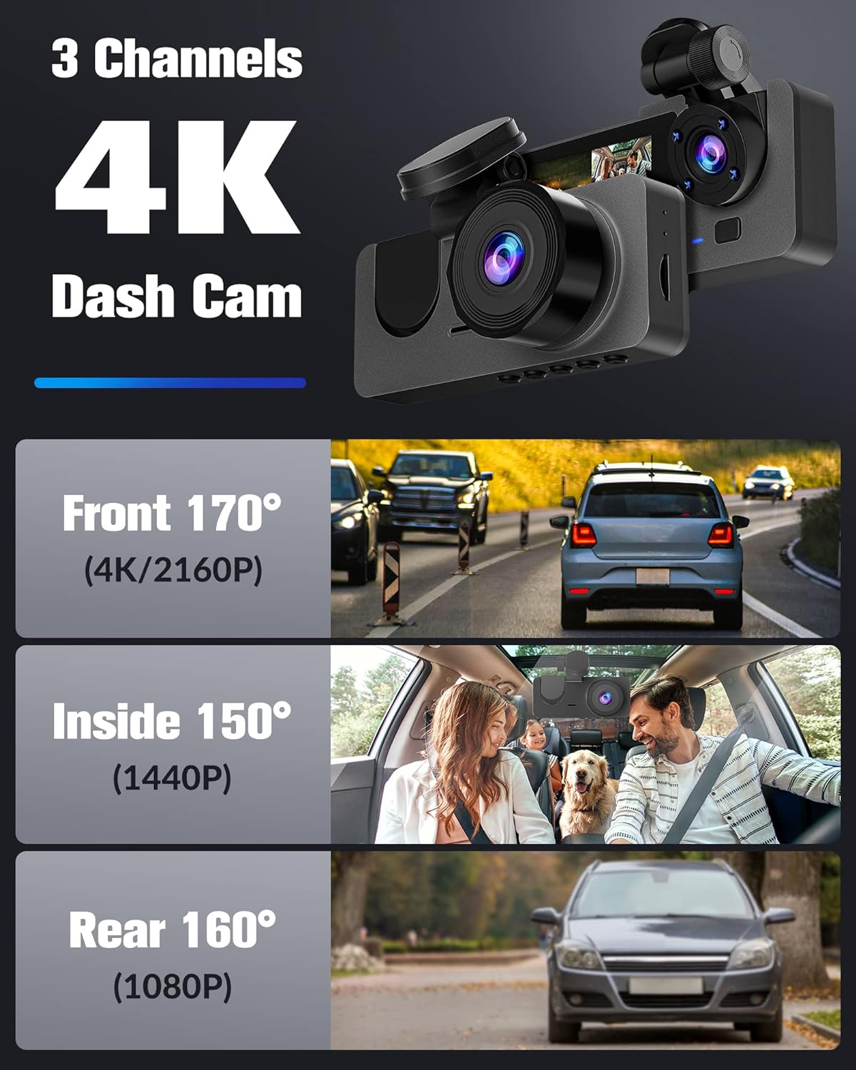 Dash Camera for Cars,4K Full UHD Car Camera Front Rear with 32GB Card,Built-in Super Night Vision,2.0'' IPS Screen,170°Wide Angle,WDR, 24H Parking Mode, Loop Recording