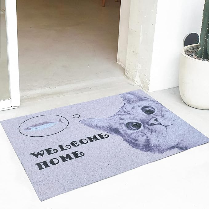 W&M Welcome Door Mat Cute Kitty Waterproof Entrance Entry Doormat for Indoor Outdoor Washable Front Porch Rug with Non Slip Rubber Back Low Profile Floor Easy Clean-Welcome Cat Design-Beige