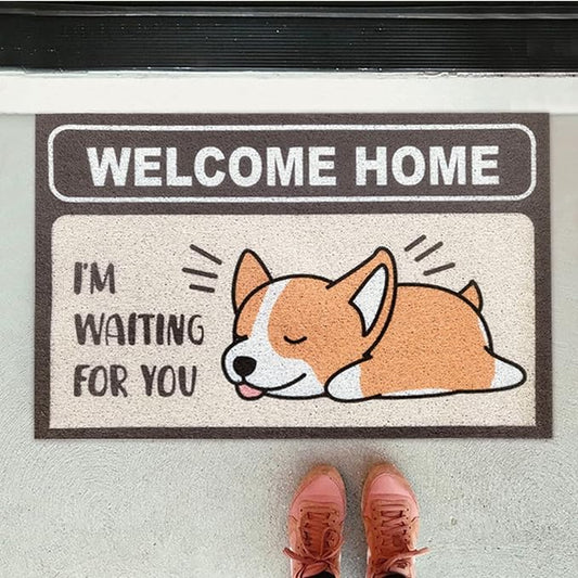 W&M Welcome Home Door Mat Waterproof Entrance Entry Pet Lover Doormat for Indoor Outdoor Washable Front Porch Rug Non Slip Rubber Back Low Profile Easy Clean-Cute Dog Design