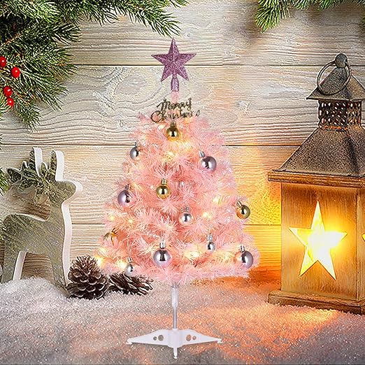Mini Pink Christmas Tree, 24” Artificial Tabletop Christmas Tree with Lights & Hanging Ornaments, Small Desktop Xmas Tree for Party Supplies Home Indoor Decoration