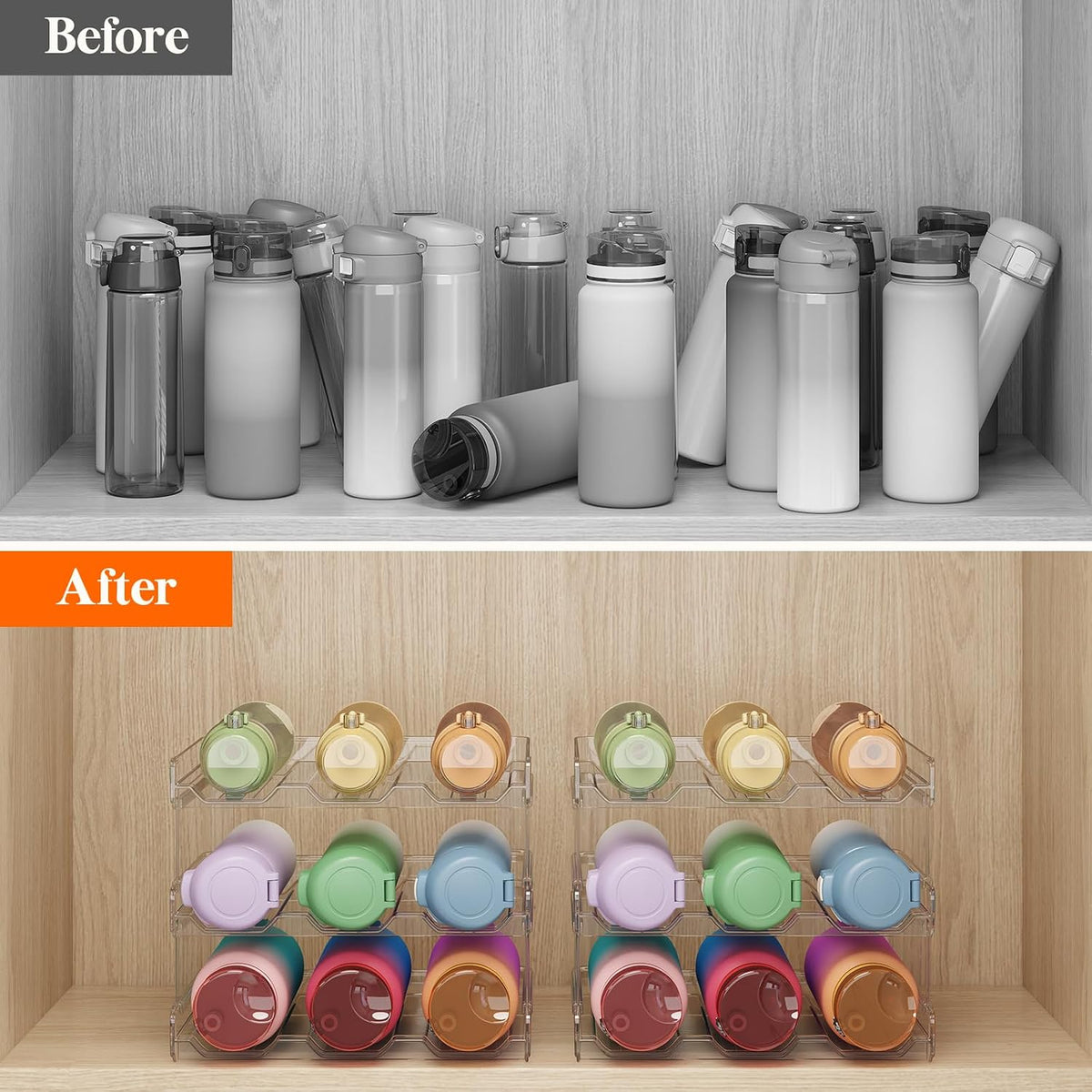 Stackable Water Bottle Organizer, 3-Tier, Holds 9 Bottles