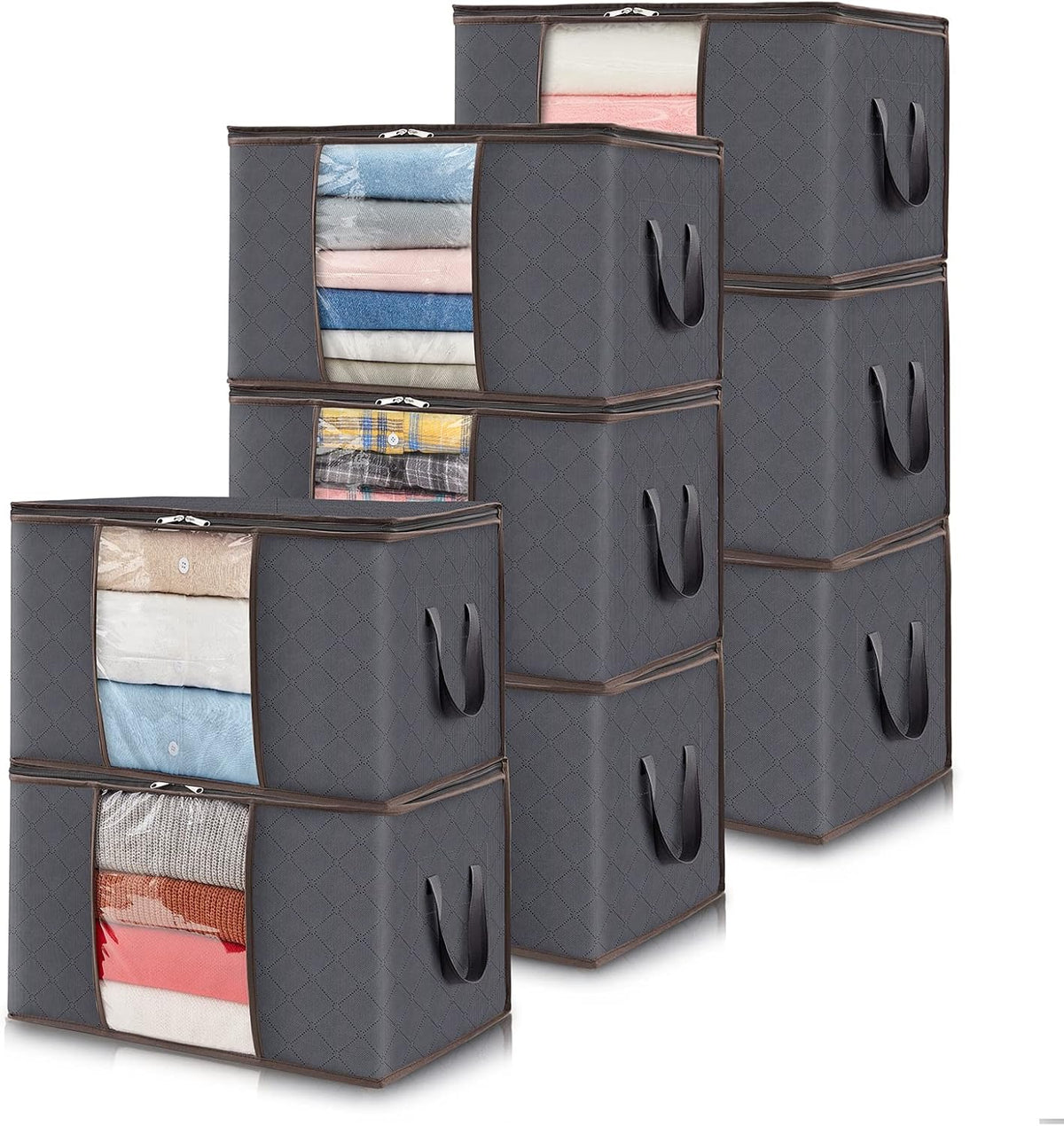 8 Pack Clothes Storage Bag, Foldable Storage Bins for Clothes, Blankets, Fabric Wardrobe Closet Organizers with Reinforced Handle, Sturdy Zipper, Moving Bags With Clear Window, Grey