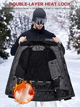 FREE SOLDIER Men's Waterproof Ski Snow Jacket Fleece Lined Warm Winter Rain Jacket with Hood Fully Taped Seams