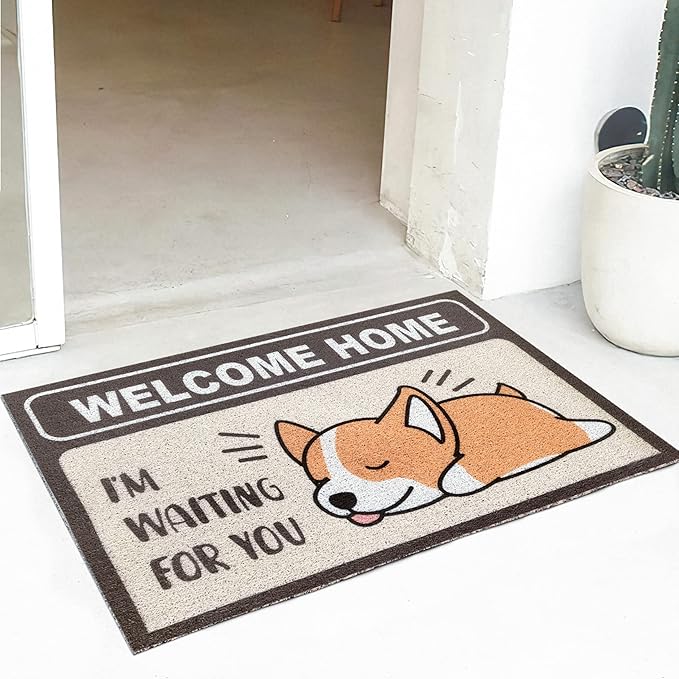 W&M Welcome Home Door Mat Waterproof Entrance Entry Pet Lover Doormat for Indoor Outdoor Washable Front Porch Rug Non Slip Rubber Back Low Profile Easy Clean-Cute Dog Design