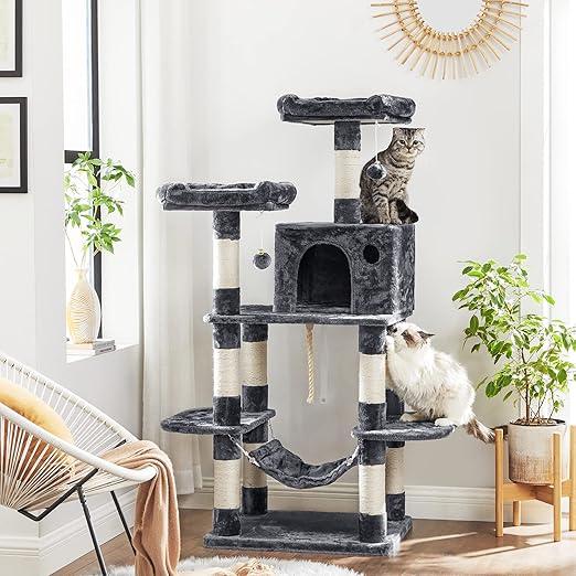 FEANDREA 59.3 Inch Cat Tree Condo with Scratching Post Kitty Tower Pet Playhouse, Smoky Gray UPCT85G