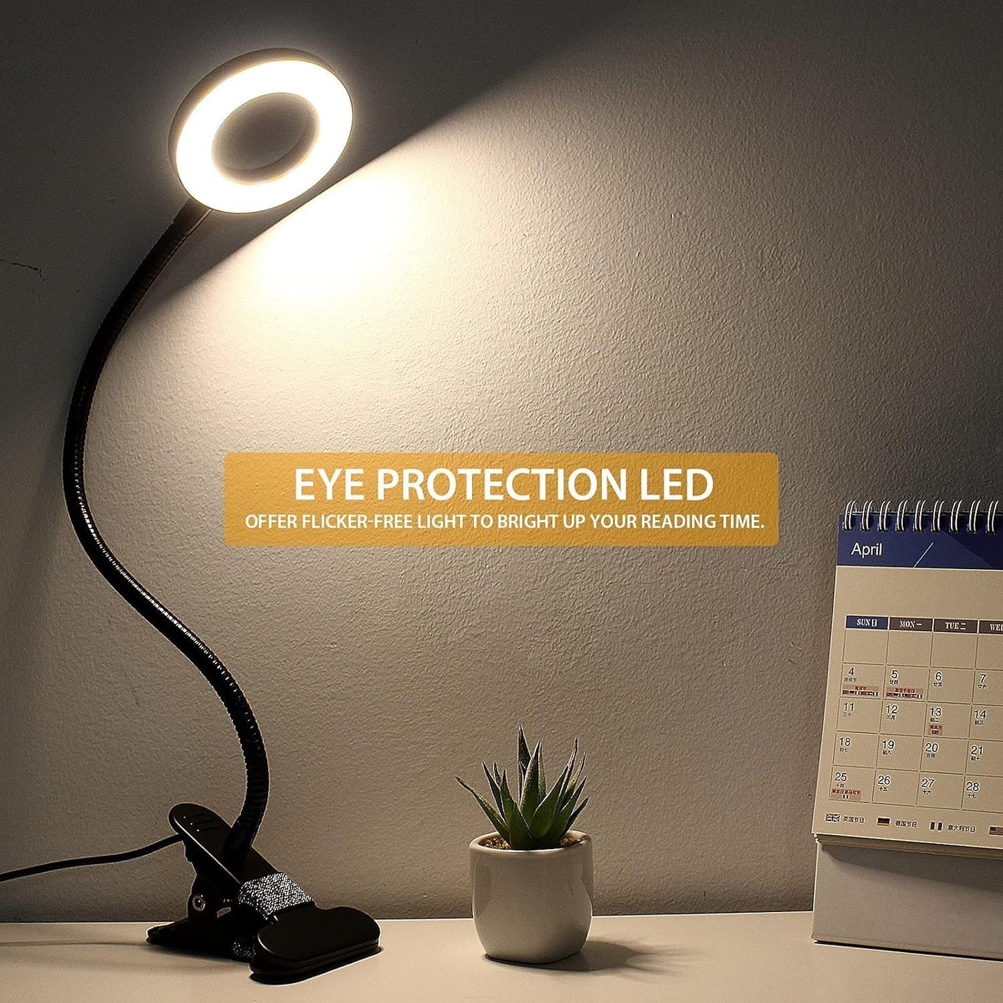 Desk Lamp, Eye Protection Clip on Ring Light, 48 LEDs USB Clip Light with 3 Color Modes 10 Dimmable Brightness, 360° Flexible Gooseneck Desk Light for Study, Read, Office, Dorm