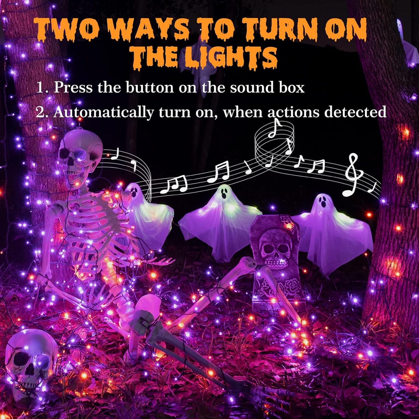 Halloween String Lights Outdoor with Music Sync Spooky Sounds 300 LED 114.8ft Indoor Fairy String Lights Waterproof Memory Function for Halloween Party Haunted House Decorations (Purple & Orange)