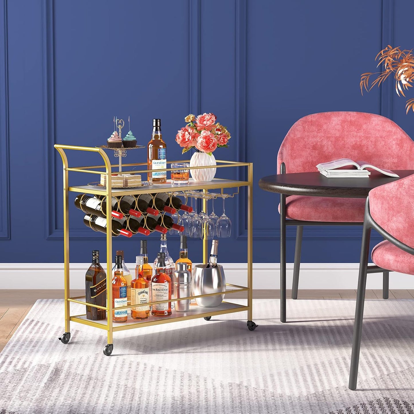 Lifewit Bar Cart Gold, Bar Carts for The Home with 2-Tier Shelf, Home Bar Serving Cart with 9 Wine Bottle Racks, Drink Cart for Kitchen, Dining, Living Room, Gold