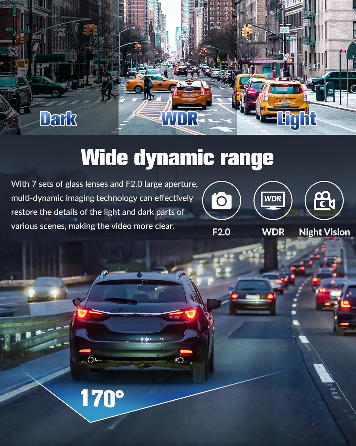 Dash Camera for Cars,4K Full UHD Car Camera Front Rear with 32GB Card,Built-in Super Night Vision,2.0'' IPS Screen,170°Wide Angle,WDR, 24H Parking Mode, Loop Recording