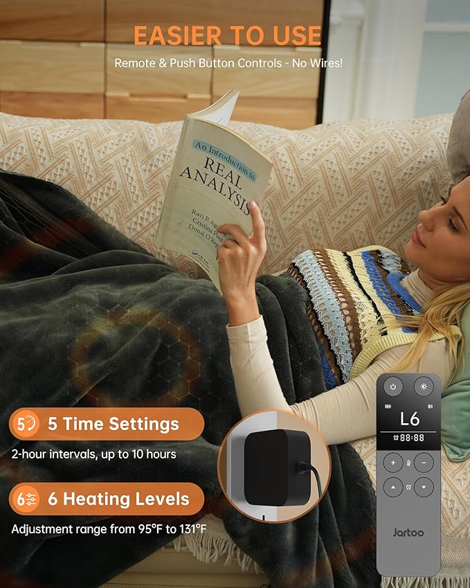 Jartoo Nano Heated Blanket Electric Throw, Portable Washable Heated Shawl Wraps - 24V Safe & Eco, 30s Far Infrared Heating, Cordless Remote with 6 Heating Levels & 5 Time Settings (50"x60", Grey)