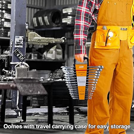 15 Pcs Combination Wrench Det with Organizer Rack, 8,9,10,11,12,13,14,15,16,17,18,19,20,21,22mm, Spanner Gear Ring Combination, SAE Wrench Set