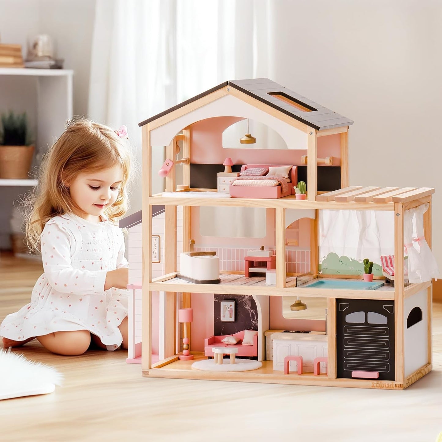 ROBUD Wooden Dollhouse, 6 Rooms Wooden Doll House with 29Pcs Furniture Set, Working Elevator, Garage, Swimming Pool, Ideal Gift for Kids Ages 3+ (Black)