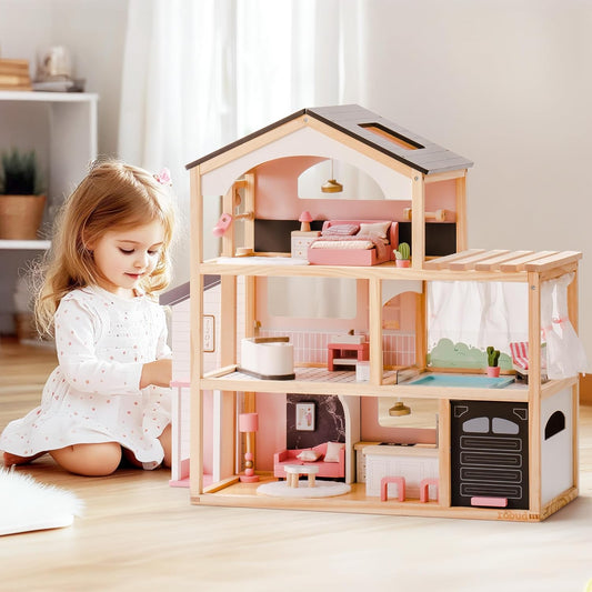 ROBUD Wooden Dollhouse, 6 Rooms Wooden Doll House with 29Pcs Furniture Set, Working Elevator, Garage, Swimming Pool, Ideal Gift for Kids Ages 3+ (Black)