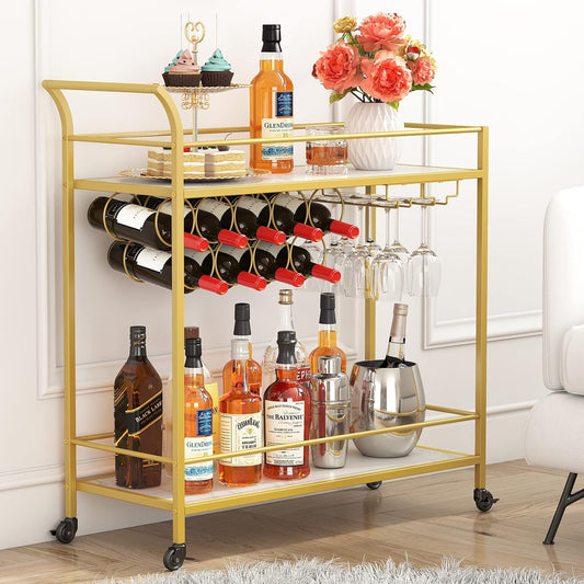 Lifewit Bar Cart Gold, Bar Carts for The Home with 2-Tier Shelf, Home Bar Serving Cart with 9 Wine Bottle Racks, Drink Cart for Kitchen, Dining, Living Room, Gold