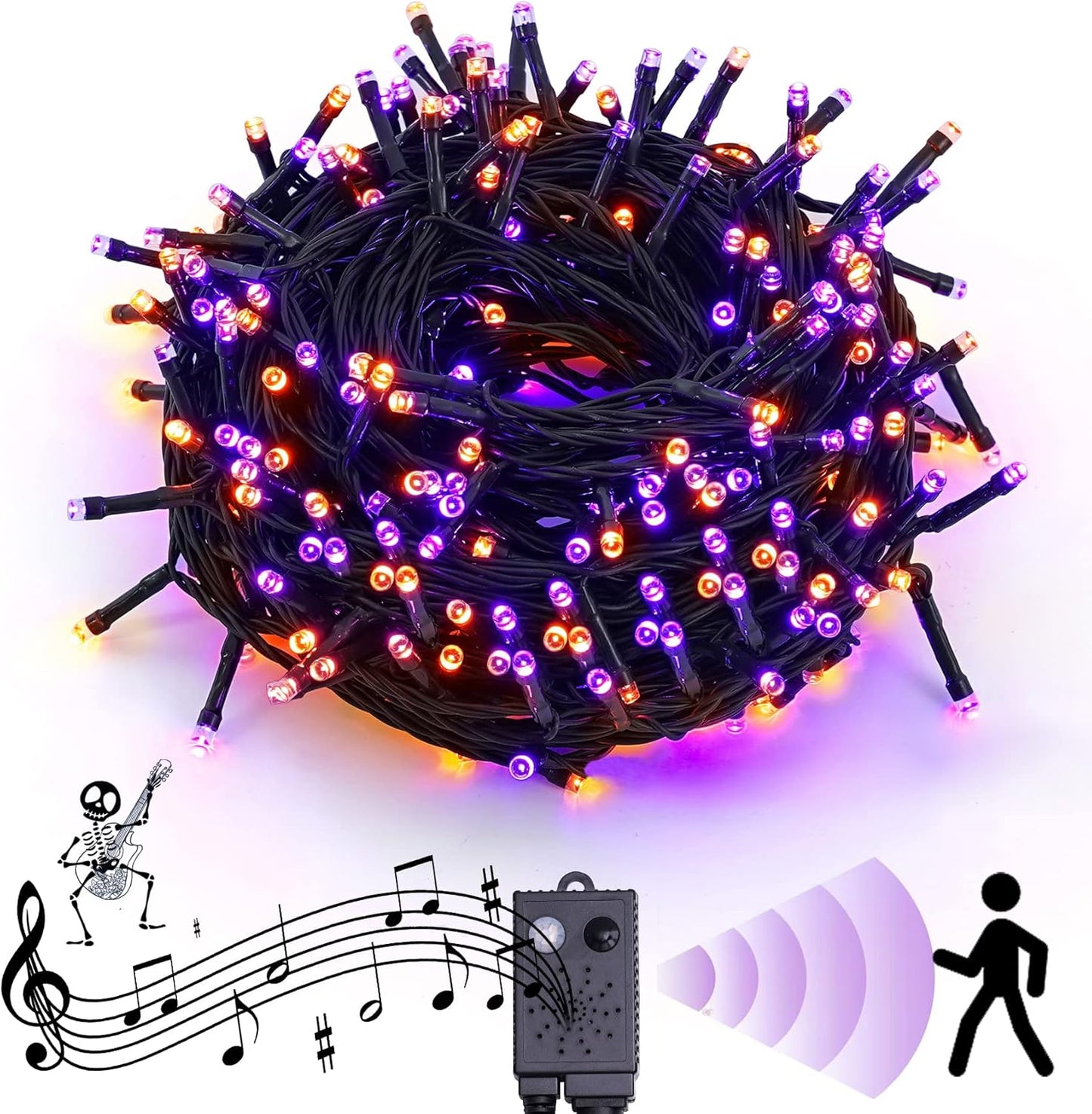 Halloween String Lights Outdoor with Music Sync Spooky Sounds 300 LED 114.8ft Indoor Fairy String Lights Waterproof Memory Function for Halloween Party Haunted House Decorations (Purple & Orange)