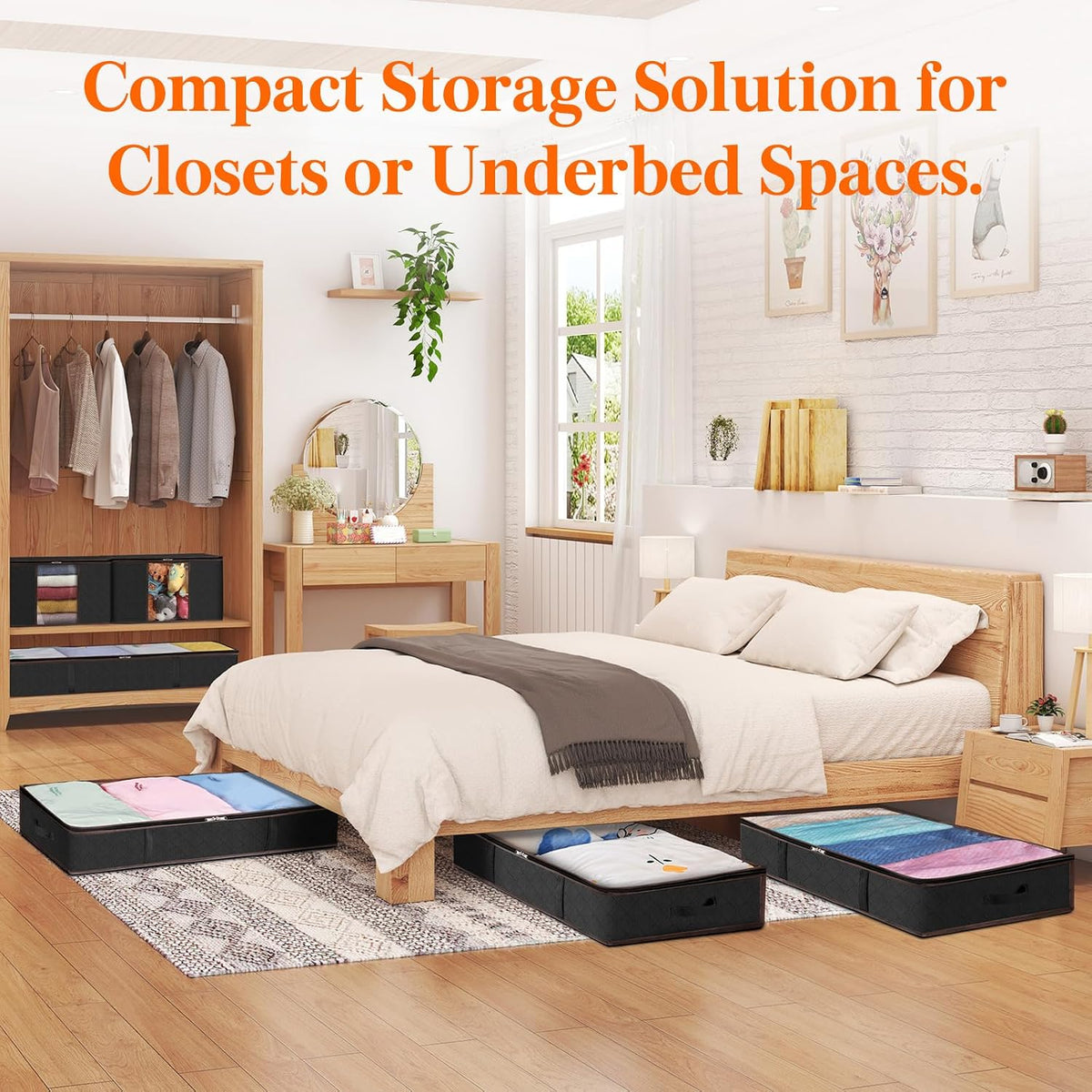 6 Pack Large Under Bed Storage, Underbed Storage Bags with 4 Handles, Foldable Underbed Storage Containers for Comforters, Blankets, Bedding, Sturdy Zipper, Clear Window, Black