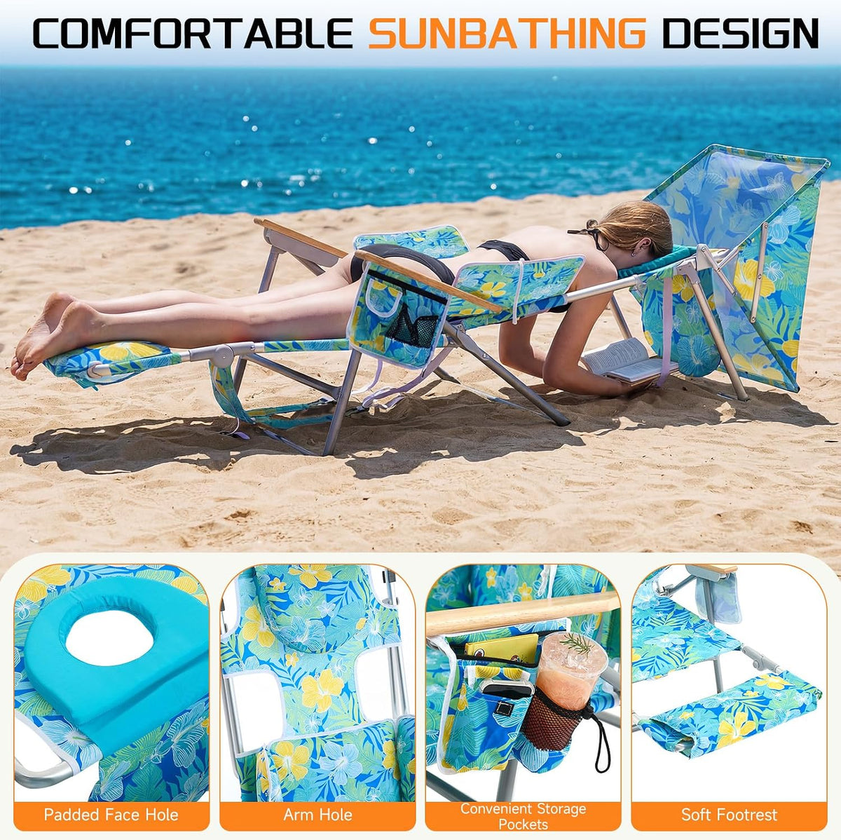 Backpack Camping Beach Lounge Tanning Chair with Canopy & Face Hole