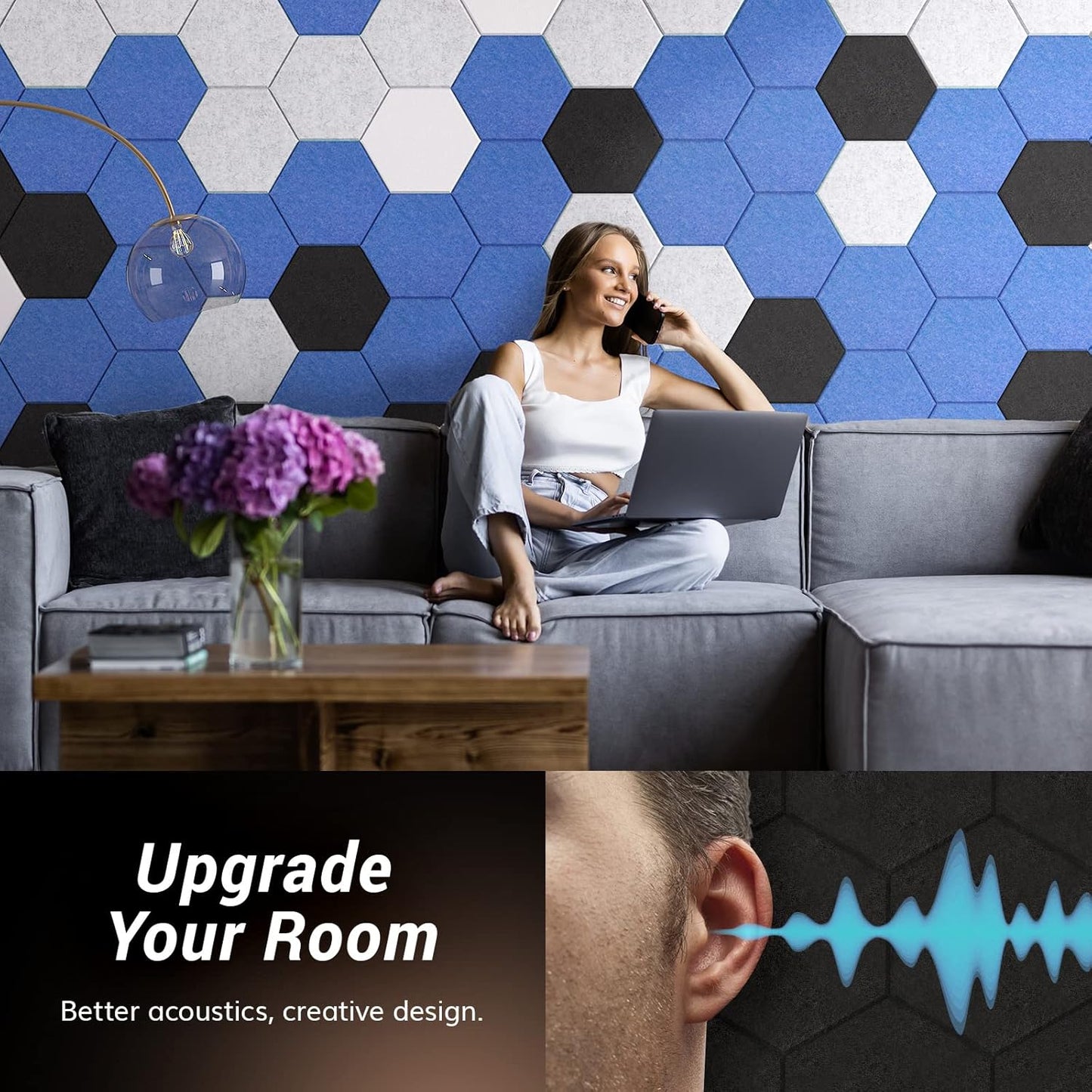 TONOR 18 Pack Sound Proof Panels with Self-adhesive, High Density Hexagon Acoustic Wall Panels, Soundproofing Panels for Recording, Podcasting, Home Office, Streaming, 12"x 10"x 0.4", Black