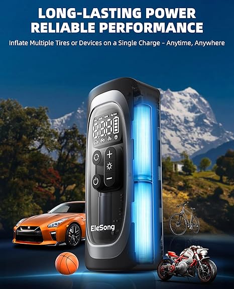 Electric Air Pump Battery Bicycle Pump 150 PSI Portable Battery Compressor 12 V 1800 mAh Rechargeable Air Pump Bicycle with LED Light, Electric Bicycle Pump for Car, E-Bike, Motorcycle