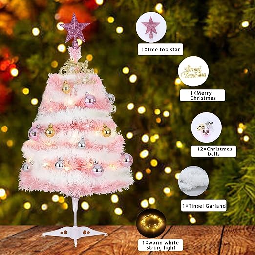 Mini Pink Christmas Tree, 24” Artificial Tabletop Christmas Tree with Lights & Hanging Ornaments, Small Desktop Xmas Tree for Party Supplies Home Indoor Decoration
