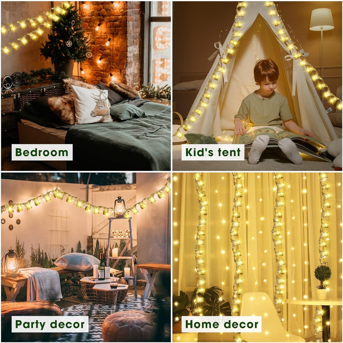 Christmas Tree Ribbon Lights Gold 32ft (2X16ft) 100 LED Lights Battery Powered Double Layer Copper Wire Ribbon Bows Fairy Strings Lights for Weddings New Year Christmas Tree Decorations