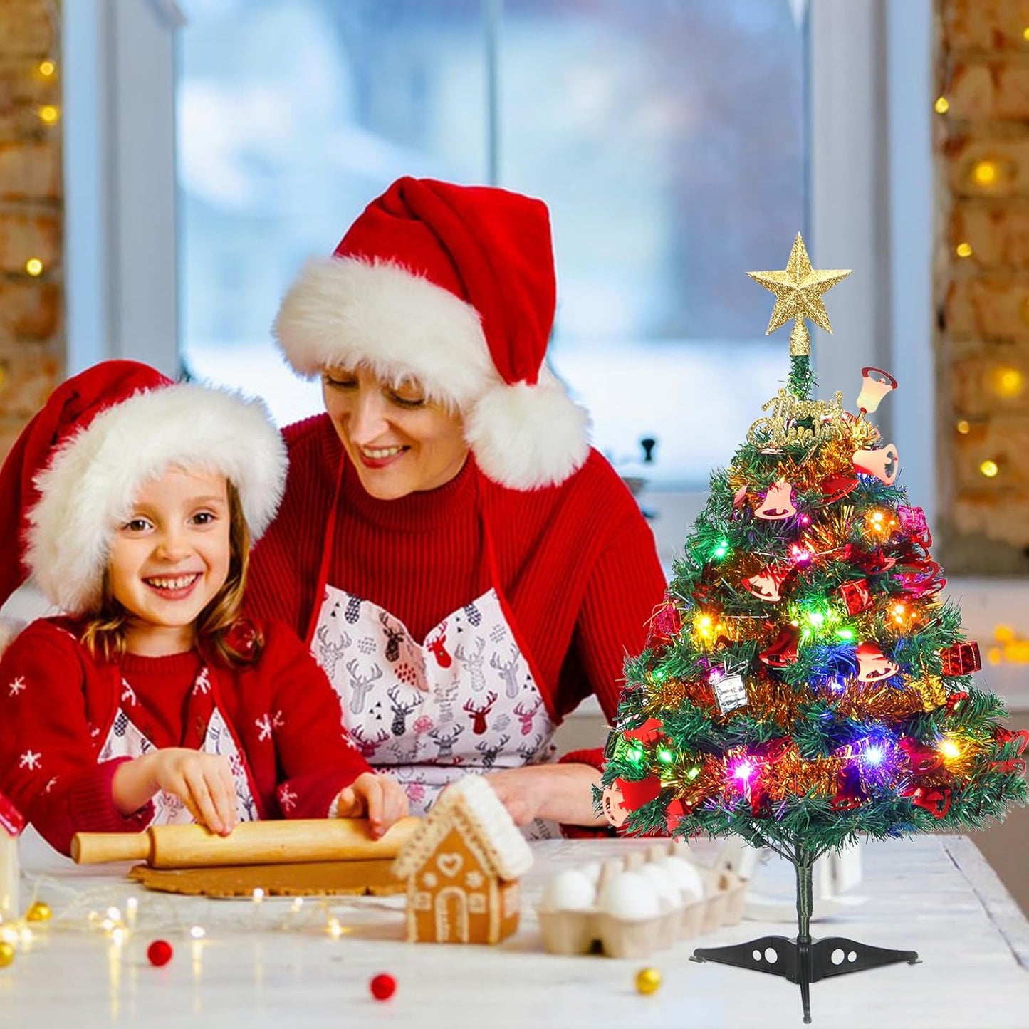 Mini Christmas Tree, 2ft Tabletop Christmas Tree Small Christmas Tree with Lights, Hanging Ornaments and Star Treetop, Christmas Decoration Tree Decor