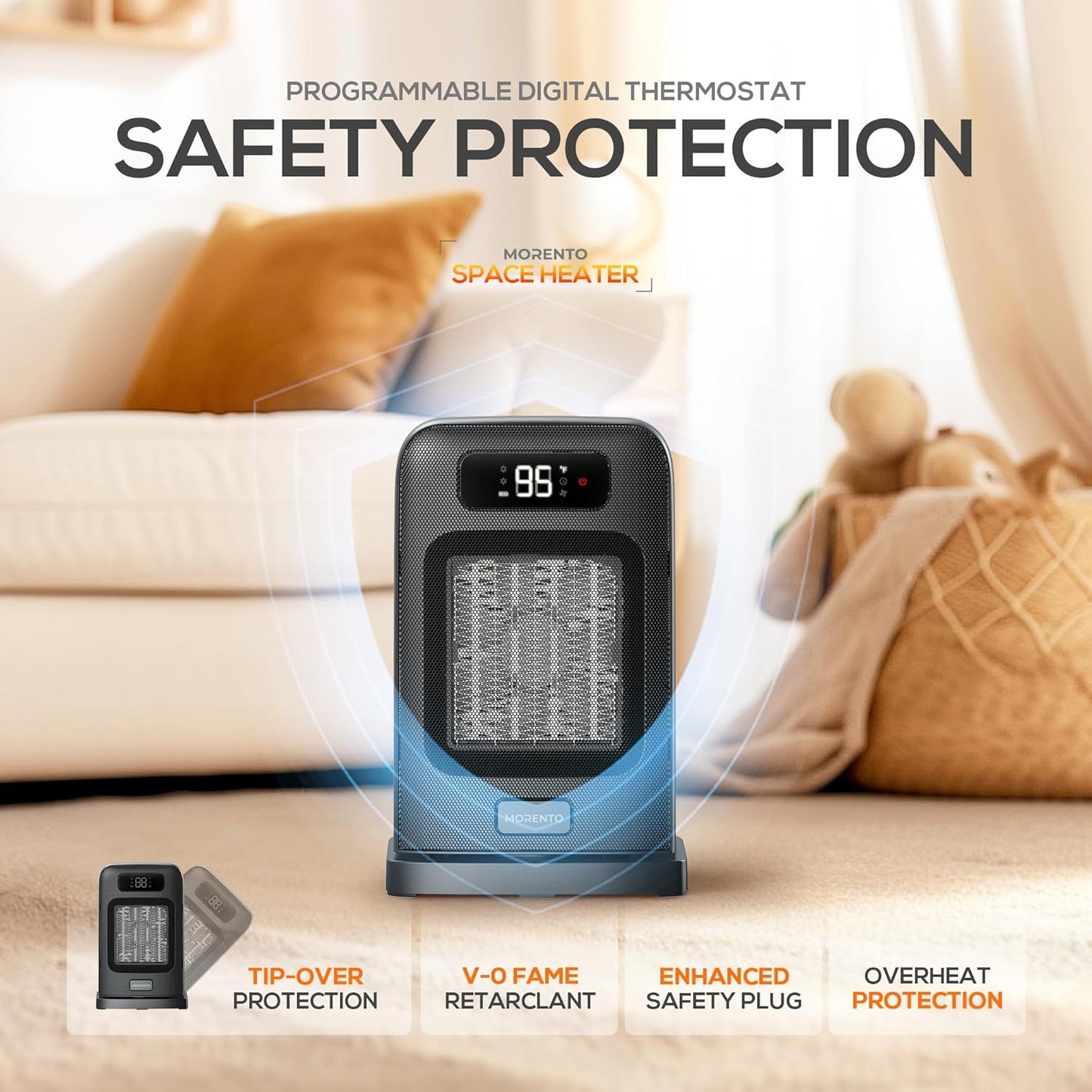 MORENTO Space Heaters for Indoor Use, 1500W Electric Heater, Desk Heater with Heating and Fan Modes in Office with Thermostat, Small Space Heaters for Bedroom and Indoor Use