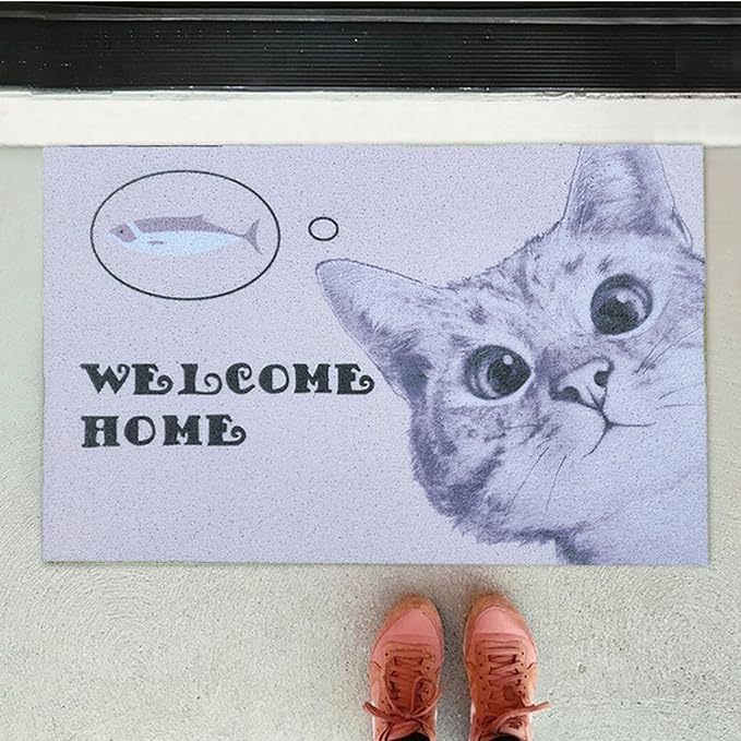 W&M Welcome Door Mat Cute Kitty Waterproof Entrance Entry Doormat for Indoor Outdoor Washable Front Porch Rug with Non Slip Rubber Back Low Profile Floor Easy Clean-Welcome Cat Design-Beige