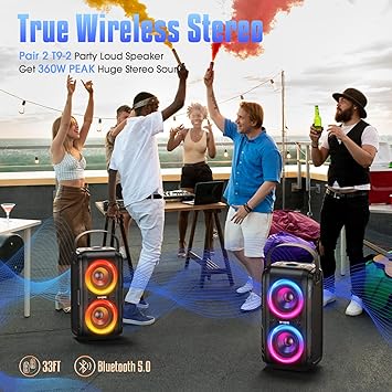 W-King Bluetooth Speaker Loud, T9-2, 180W Peak Party Portable Outdoor Haut Parleur Speaker Wireless Boom Box/4 Drivers(2 * 4.04’’ Woofer)-80W Deep Bass Tube, Huge 105dB Sound, Lights/IPX5/EQ/24H/USB/TF/AUX