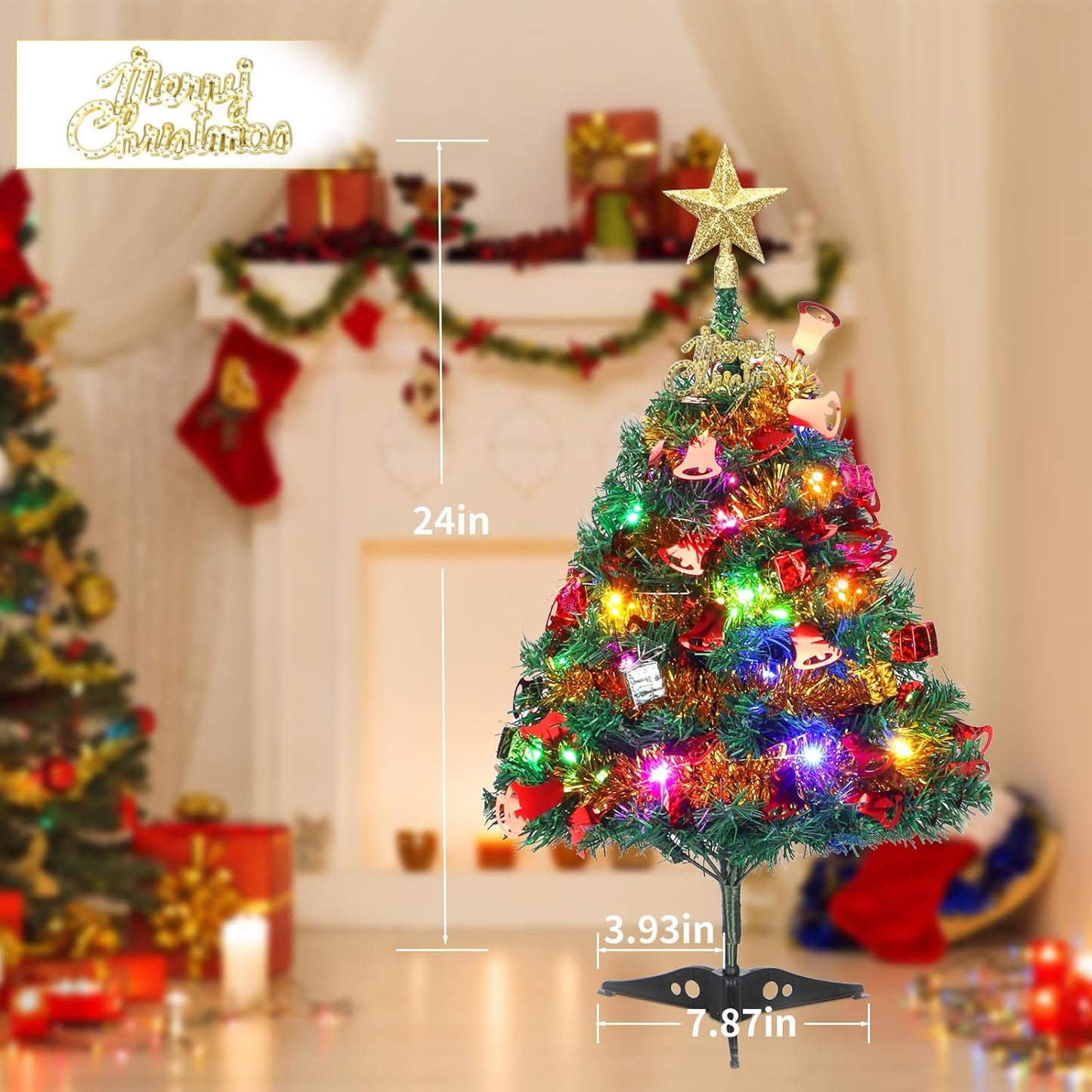 Mini Christmas Tree, 2ft Tabletop Christmas Tree Small Christmas Tree with Lights, Hanging Ornaments and Star Treetop, Christmas Decoration Tree Decor