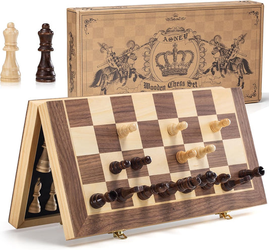 15" Wooden Magnetic Chess Set w/ Storage & Extra Queens