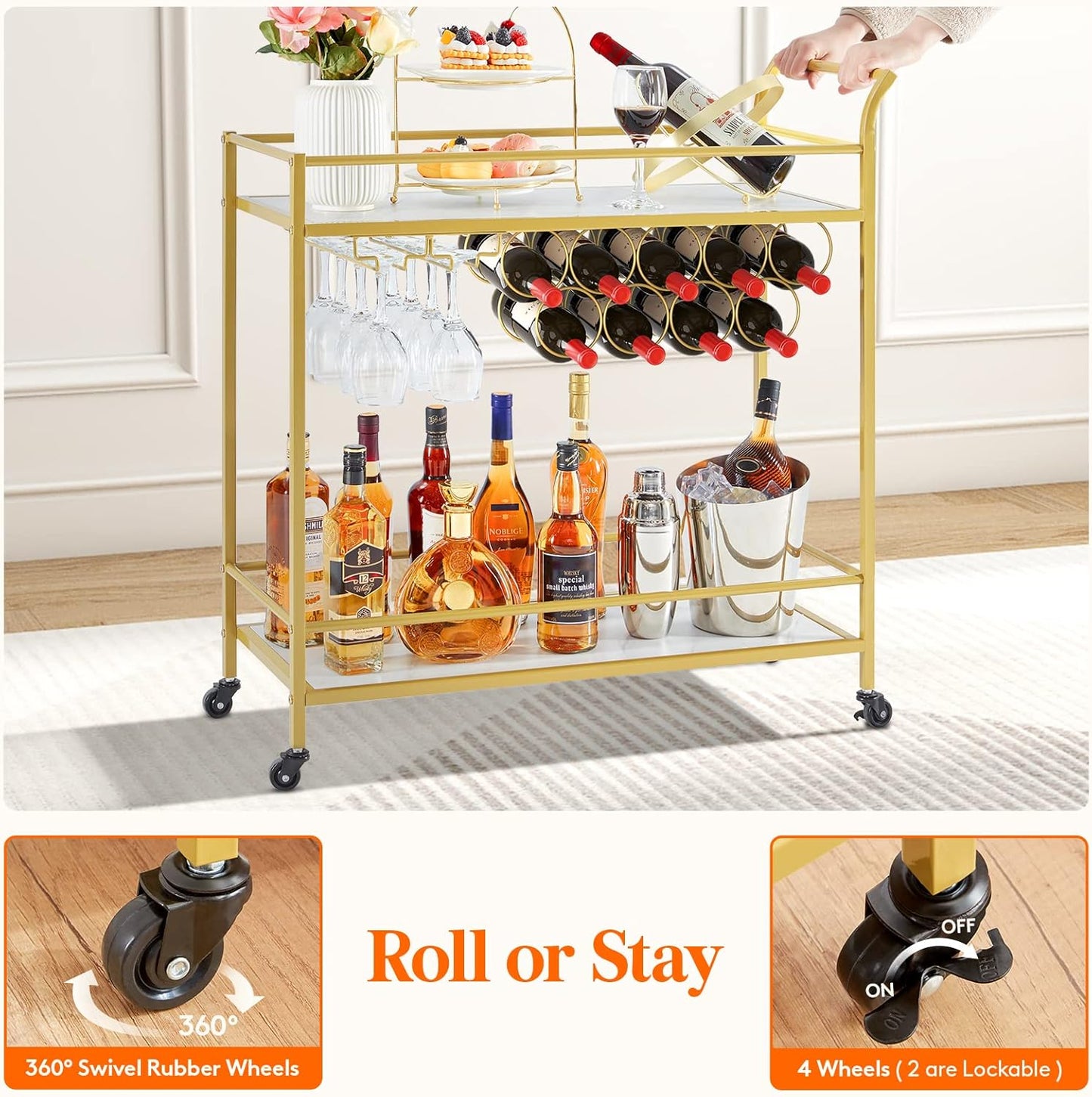 Lifewit Bar Cart Gold, Bar Carts for The Home with 2-Tier Shelf, Home Bar Serving Cart with 9 Wine Bottle Racks, Drink Cart for Kitchen, Dining, Living Room, Gold