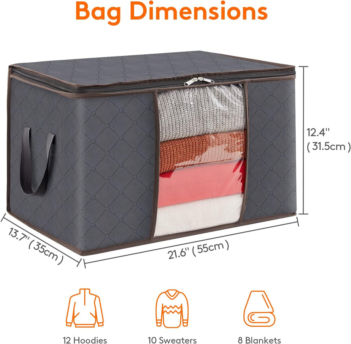 4 Pack Clothes Storage Bag, Foldable Storage Bins for Clothes, Blankets, Fabric Wardrobe Closet Organizers with Reinforced Handle, Sturdy Zipper, Moving Bags With Clear Window, Grey